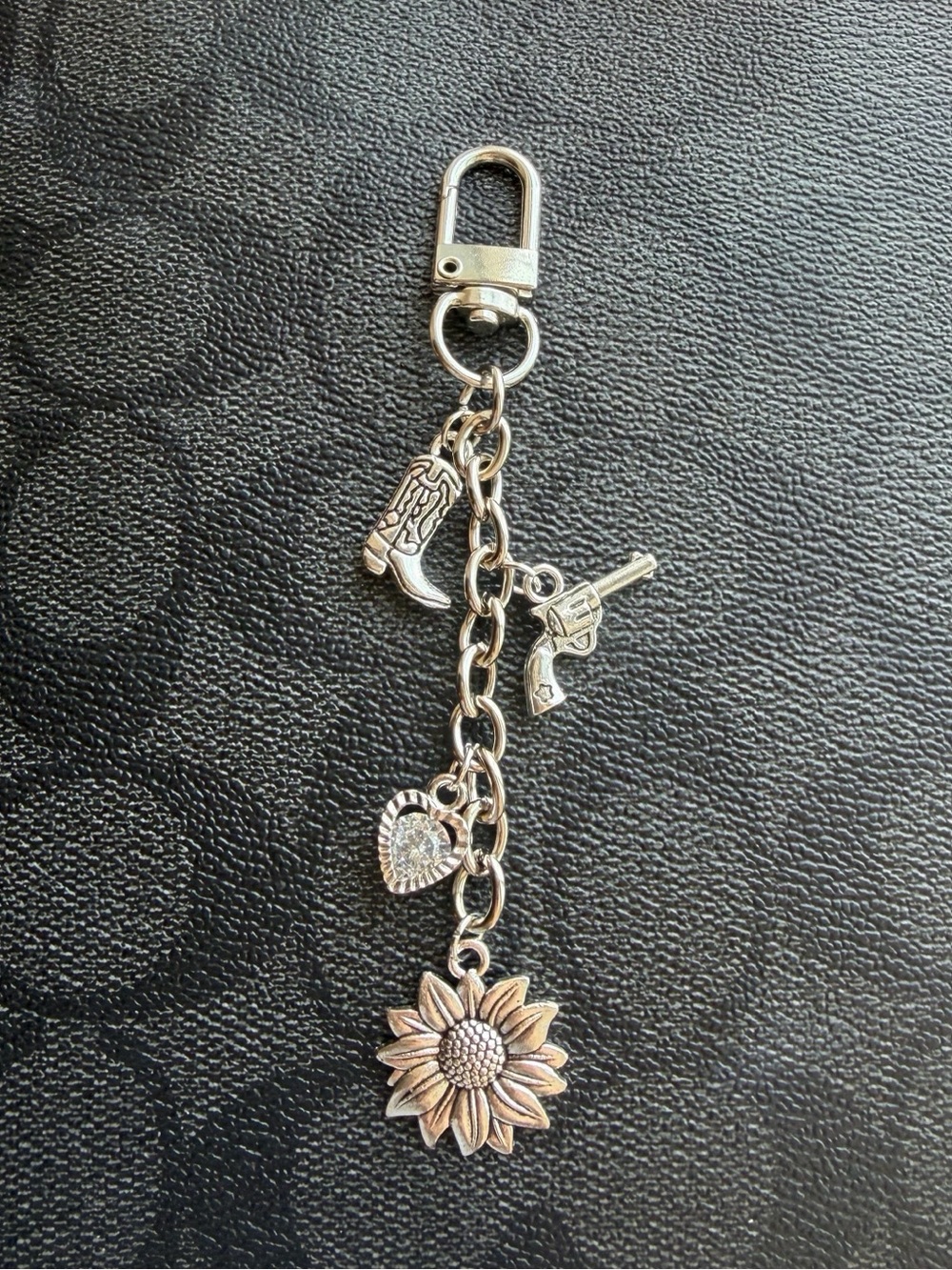 Sunflower Purse Charm Keychain with Heart, Boot and Gun Charms cubic zirconia - Picture 1 of 2